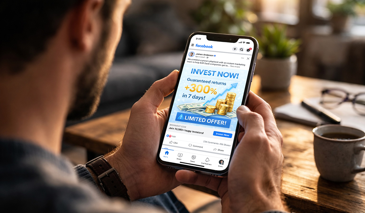 Man looking at a fraudulent investment scam on social media