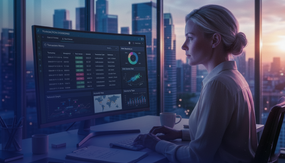 Person looking at transaction monitor on desktop screen 