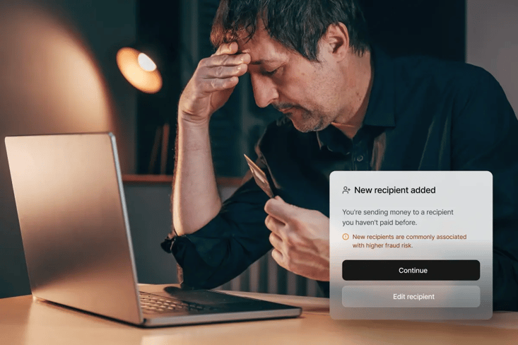 bank account holder getting a warning message after adding a new recipient